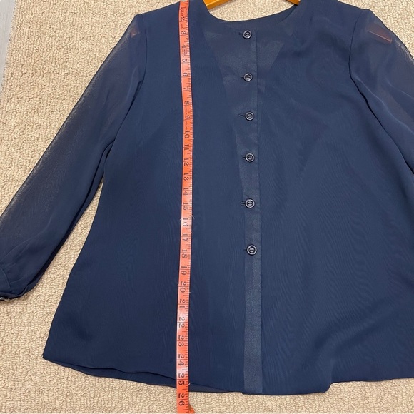 Vintage Button-Up Blouse with Sheer Sleeves Navy - M - Picture 9 of 11